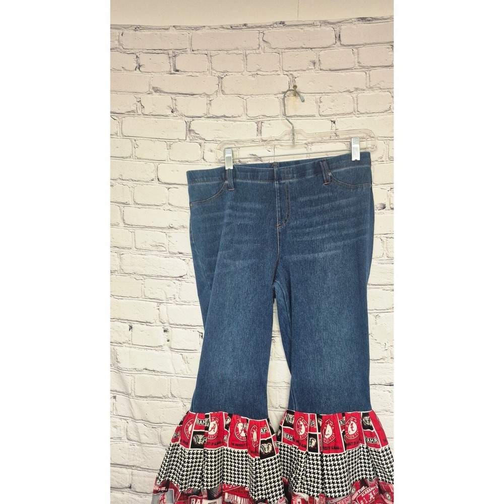 Roll Tide Alabama‎ Crimson Tide Ruffle Hem Denim Jeans Upcycled Fan Pants LG 12 - Picture 6 of 16